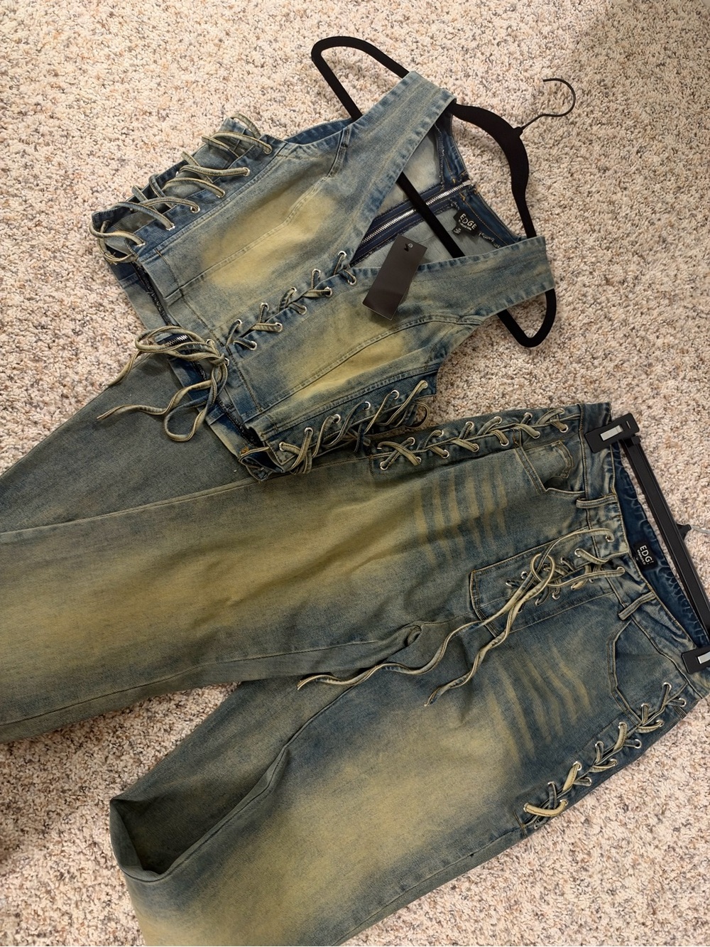 Denim Lace-Up Jeans in Faded Blue